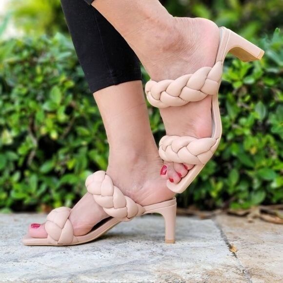 Shoes - Women's Nude Double Braided Square Toe Mule Low Heel Sandal